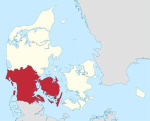 Kort, der viser omridset af Danmark med én region, beliggende i sydvest, skraveret i rødt. Resten af landet er lysegult. Vandområder er farvet lyseblå.