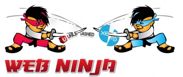 To tegneserie ninjaer, en i rød og en i blå, over for hinanden med sværd. Ordene "WEB NINJA" er skrevet med fede røde bogstaver nederst. Den røde ninja har "Unleashed" på sværdet.