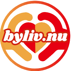 Et logo med teksten "byliv.nu" i hvid skrifttype med rødt omrids, placeret over et abstrakt design af røde og gule hjerteformer.