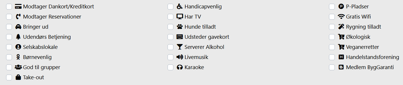 Liste over forskellige faciliteter med afkrydsningsfelter, herunder kreditkortaccept, reservationer, levering, udendørs service, festhosting, børnevenlige muligheder og mere. Nogle felter er markeret, og nogle er ikke. Perfekt til at tilføje din virksomhed til en byguide.