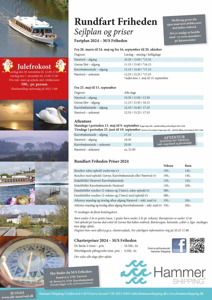 Byliv.nu: En flyer, der beskriver tidsplanen og priserne for Rundfart Frihedens bådture i 2024, herunder særlige begivenheder som Julefrokost. Den indeholder billeder af båden, svanen og marsklandet og reservationsdetaljer.