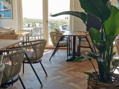 Byliv.nu: Et hyggeligt restaurantinteriør med kurvestole, træborde og store potteplanter. Sollyset strømmer ind gennem gulv til loft-vinduer og giver udsigt til en udendørs terrasse og grønne områder.