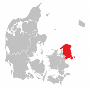 Byliv.nu: Kort over Danmark, hvor regionen Sjælland er markeret med rødt, mens resten af landet er vist i gråt – perfekt til byguide-butikker eller onlinevirksomheder, der søger lokal indsigt.