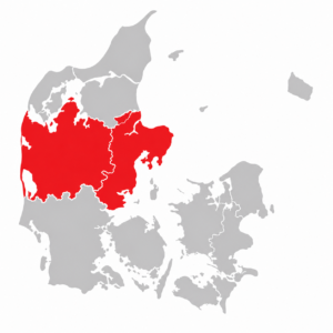 Byliv.nu: Et kort over Danmark, hvor Region Midtjylland er markeret med rødt – perfekt til byguide-butikker og onlinevirksomheder; resten af landet er vist i gråt.